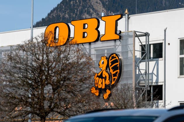 Bavaria, Allgäu, Germany - March 18, 2026: An OBI hardware store with a large logo on the facade of a building.