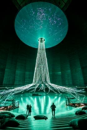 New exhibition in the Gasometer Oberhausen, art sculpture The Tree, 40 meter high light installation, shows with light and music different stages of a tree, exhibition Mythos Wald, on 3 levels and with several thematic chapters the exhibition shows the diversity of the worlds forests with pictures, videos and exhibits, NRW, Germany, Mythos Wald Oberhausen