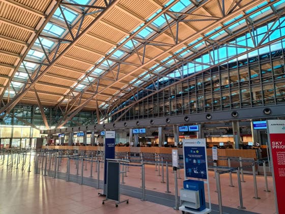 Hamburg, Germany 05 March 2026 empty Check in Area of Airport with Queues and Signs for Air France and KLM 1127164445