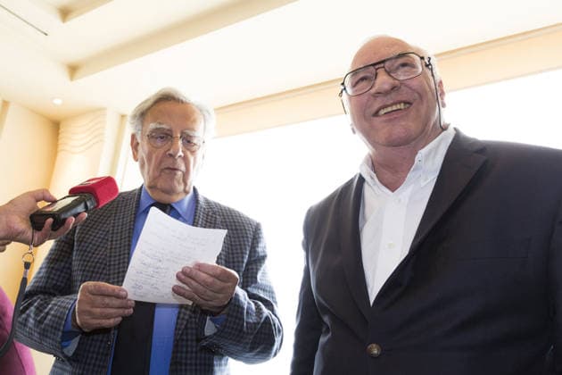 Bernard Pivot president et Didier Decoin membre de lAcademie Goncourt au restaurant Drouant lors de lannonce des Prix Goncourt 2017 de la Nouvelle, du Premier Roman et de la Poesie 03 05 2017 Philippe MATSAS Opale photo RECORD DATE NOT STATED  Copyright: x PhilippexMATSAS Opale.photox