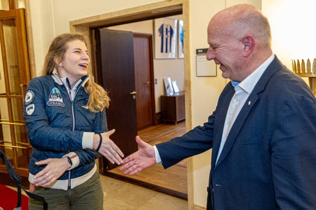 Kai Wegner, Rabea Rogge welcoming the first German woman in space, on 23 03 2026 in Berlin, Rotes Rathaus , Germany