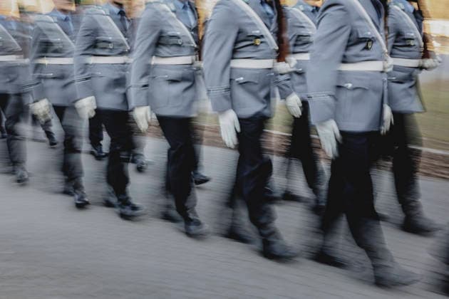 Soldiers of the guard battalion, taken during the presentation of the Federal Chancellors flag ribbon to the guard battalion at the Federal Ministry of Defense in the Julius Leber barracks in Berlin, 23 03 2026 Berlin Germany Copyright: xFlorianxGaertnerx