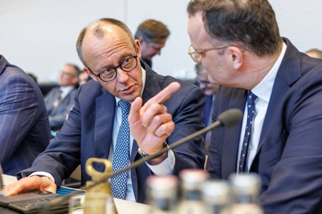 Parliamentary group meeting CDU CSU Federal Chancellor Friedrich Merz CDU and Jens Spahn at a parliamentary group meeting on 24 03 26 in Berlin Berlin Berlin Germany Bundestag
