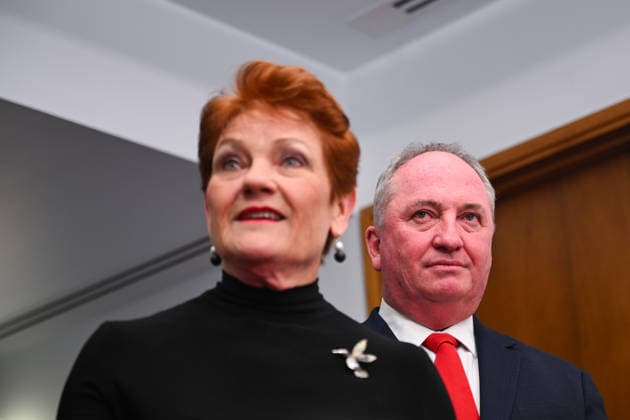 PAULINE HANSON PRESSER, One Nation Leader Pauline Hanson and One Nation member for New England Barnaby Joyce speak to the media during a dooorstop interview at Parliament House in Canberra, Wednesday, March 25, 2026. ( NO ARCHIVING CANBERRA AUSTRALIAN CAPITAL TERRITORY AUSTRALIA  Copyright: xLUKASxCOCHx 20260325175726396251