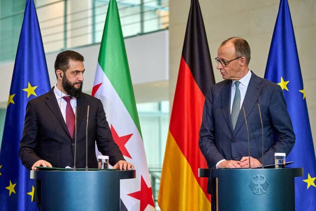 Syrias interim president Ahmed al Sharaa and German Chancellor Friedrich Merz at a press conference at the Federal Chancellery during his visit to Berlin Syria s interim president, Ahmed al Sharaa, and German Chancellor Friedrich Merz at a press conference at the Federal Chancellery during his visit to Berlin snapshot photography F Boillot