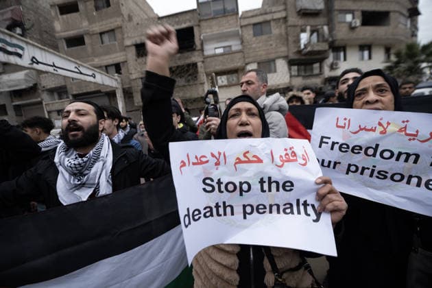 Protest in Damascus against Israeli death penalty law for Palestinians DAMASCUS, SYRIA - APRIL 1: Demonstrators gather in the Yarmouk and Tadamon areas to protest a controversial Israeli death penalty law concerning Palestinians, calling for its repeal and an end to violations against Palestinian civilians in Damascus, Syria on April 1, 2026. Hasan Belal Anadolu Damascus Syria. Editorial use only. Please get in touch for any other usage.  Copyright: x2026xAnadoluxHasanxBelalx