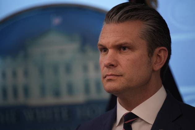 United States Secretary of War Pete Hegseth looks on as US President Donald J Trump conducts a press conference in the James S Brady Press Briefing Room of the White House in Washington, DC, USA, on Monday April 6, 2026. The President is expected to take questions on the Iran War and oil prices. Copyright: xIndependentxStillxPoolxphotox 2026xAbacaUSAxfromxConsolidatedxNewsxPhotosxAllxRightsxReservex MediaPunchx