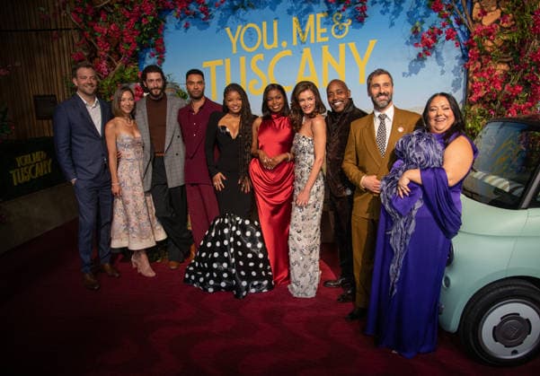 Ryan Engle, Kristin N. Engle, Lorenzo de Moor, Regé-Jean Page, Halle Bailey, Aziza Scott, Kat Coiro, Will Packer, Marco Calvani and Stella Pecollo arrive on the red carpet at the premiere of You, Me & Tuscany at Jazz at Lincoln Center on Wednesday, April 8, 2026 in New York City. NYP20260408534 SERENAxXUxNING