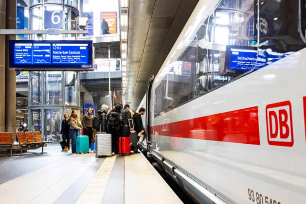 Berlin Central Station ICE at platform with passengers ICE144 to Amsterdam CS 24 03 2026, Berlin, Germany