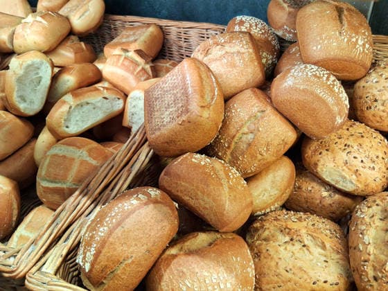 Bread and baked goods in a bakery Display of baked goods in a bakery Counter