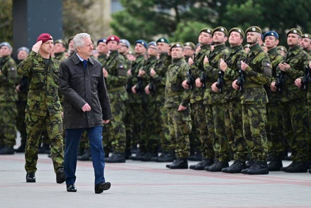 Czech Defence Minister Jaromir Zuna (for SPD), front, attends a ceremonial military oath of career soldiers, members of active reserves and participants in voluntary military training, in Brno, Czech Republic, on April 10, 2026. (CTKxPhoto VaclavxSalek) CTKPhotoP2026041002960  CTKPhotoP2026041002960