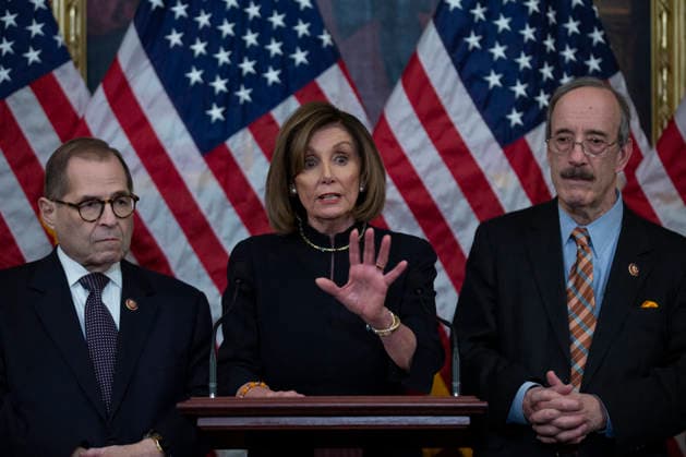 United States President Donald J. Trump is Impeached by the House of Representatives Speaker of the United States House of Representatives Nancy Pelosi (Democrat of California) speaks during a press conference with United States Representative Adam Schiff (Democrat of California), United States Representative Carolyn Maloney (Democrat of New York), United States Representative Jerrold Nadler (Democrat of New York), United States Representative Eliot Engel (Democrat of New York), United States Representative Richard Neal (Democrat of Massachusetts), and United States Representative Maxine Waters (Democrat of California) after the United States House of Representatives voted to impeach United States President Donald J. Trump at the United Sta  Copyright: xCNP ABACAx