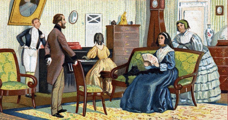 Alfred de Musset 1810 1857 at the home of George Sand Aurore Dupin, Baroness Dudevant 1804 1876 Chromolithograph, circa 1890 RECORD DATE NOT STATED  Copyright: x HJL Opale.photox