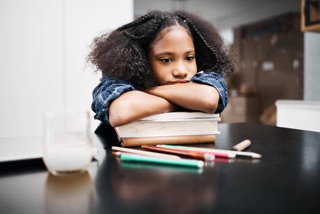 Shot of a young girl looking unhappy while doing a school assignment at home. (License=RF) ,model released, Symbolfoto  Copyright: xZoonar.com YurixArcursxpeopleimages.comx 18505823 ,model released, Symbolfoto ,property released