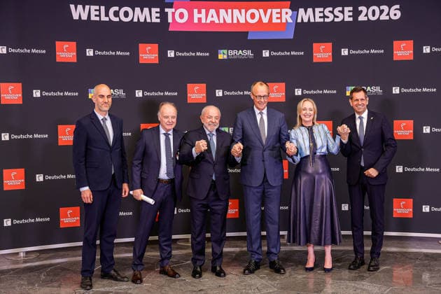 Opening of Hannover Messe 2026 Partner Country Brazil Group photo f l n r , ¢ Belit Onay, Lord Mayor of the City of Hannover, Gunther Kegel, President of ZVEI e V Luiz Inacio Lula da Silva, President of the Federative Republic of Brazil Federal Chancellor Friedrich Merz Julie Sweet, Ch