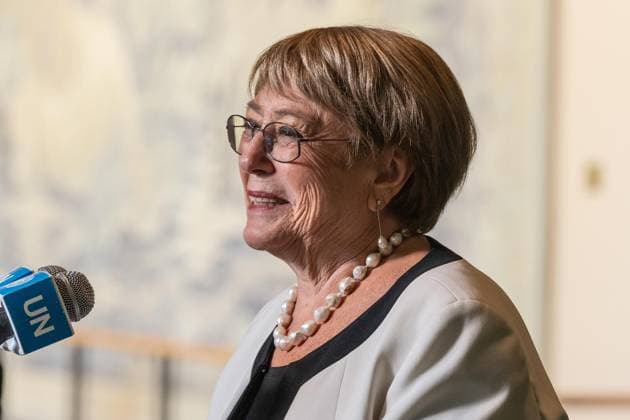 April 21, 2026, New York, New York, USA: Michelle Bachelet Jeria, former President of Chile and candidate for the position of the next Secretary-General speaks to the press at stakeout at UN Headquarters in New York, NY on April 21, 2026. New York USA  - ZUMAr339 20260421_znp_r339_006 Copyright: xLevxRadinx