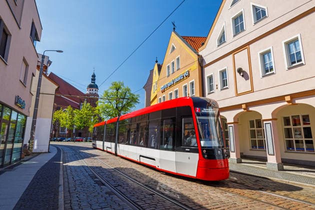 Streetcar Cottbus DEU Germany Brandenburg Cottbus, 22 04 2026, New streetcars in Cottbus, A streetcar of the new Skoda models runs through Cottbus city center In total, the city of Cottbus has purchased 22 of the modern SKODA trams, which are to be put into operation gradually AF_Cottbus_30138