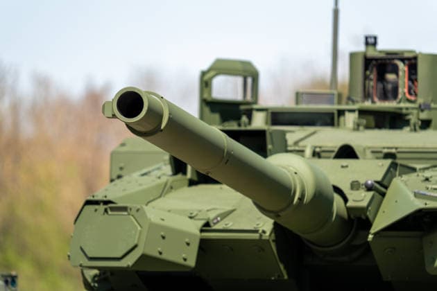 Munich, Bavaria, Germany April 22, 2026: LEOPARD 2 main battle tanks and other tracked vehicles on the KNDS factory grounds in Munich-Allach on the occasion of the opening of a new Boxer production line