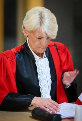 Court chairwoman Martine Baes pictured during the composition of the jury for the trial of P. and A. Falzone, at the Court of Appeal of Mons, on Thursday 23 April 2026. The trial of the two cousins concerns the 2022 tragedy in Strepy-Bracquegnies, where a car plowed into a carnival parade around 5:00. Six people died at the scene, and a seventh months later in the hospital. P. Falzone is charged with seven murder and 81 attempted murder. A. Falzone with failure to render aid to a person in danger.  VIRGINIExLEFOUR 171737408