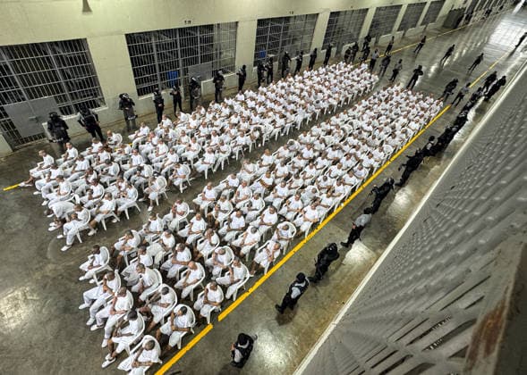 Gang Members Face Massive Court Hearing at CECOT in El Salvador SAN VICENTE, EL SALVADOR - APRIL 23: Gang members listening to virtual hearing during a massive court hearing for gang members of the Mara Salvatrucha (MS-13), held at the Terrorism Confinement Center (CECOT), in the municipality of Tecoluca, in San Vicente, El Salvador on April 23, 2026. According to an announcement by the Attorney General s Office (FGR) of El Salvador, a mega-trial against 486 gang members of the Mara Salvatrucha (MS-13), including leaders and founders of said criminal organization, began on Monday, April 21. Alex Pena Anadolu San Vicente El Salvador. Editorial use only. Please get in touch for any other usage. Copyright: x2026xAnadoluxAlexxPenax