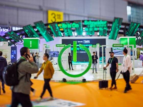 (241109) -- SHANGHAI, Nov. 9, 2024 -- This photo taken on Nov. 9, 2024 shows the booth of Schneider Electric, a full-time attender of the China International Import Expo (CIIE), during the 7th CIIE in east China s Shanghai. Running from Nov. 5 to 10, the 7th CIIE has attracted 3,496 exhibitors from 129 countries and regions. Among all participants, 186 enterprises and institutions have achieved full attendance across all seven editions of the expo, while many others are new faces exhibiting for the first time. ) (CIIE) CHINA-SHANGHAI-CIIE-EXHIBITORS (CN) WangxXiang 