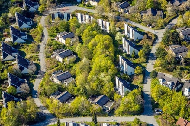 Aerial view, Center Parcs vacation homes terraced house housing estate Sonnenallee, Medebach, Sauerland, North Rhine-Westphalia, Germany ATTENTIONxMINDESTHONORARx60xEURO
