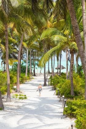 Relaxed woman on vacations wearing sarong, walking barefooted trough lush green palm garden of holiday resort on Paje beach, Zanzibar, Tanzania. Vertical composition. Copy space. model released Symbolfoto Copyright: xkastox Panthermedia72374772.jpg