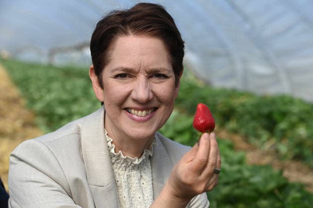 Silke GORISSEN, Gorißen, CDU, Minister for Agriculture and Consumer Protection of the State of North Rhine-Westphalia, with a strawberry, Silke GORISSEN, Gorißen, CDU, Minister for Agriculture and Consumer Protection of the State of North Rhine-Westphalia, and agricultural representatives open the strawberry season, Opening of the strawberry