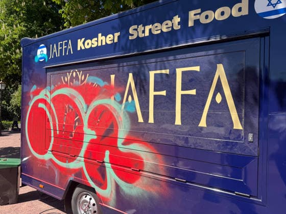 Germany, Freiburg im Breisgau, Europe, 01 05 2026 Anti-Semitic attack on kosher food truck of the Jaffa Restaurant in Colombipark, mobile snack bar smeared with paint and covered with anti-Israel and pro-Palestinian stickers, targeted attack on visible Jewish life, perpetrators unkn Copyright: xSTEINSIEK.CHx