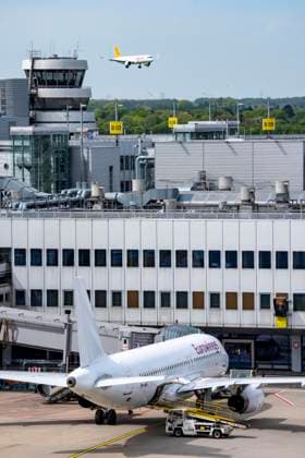 Pegasus Air, flypgs com aircraft approaching Düsseldorf Airport, Eurowings aircraft at Terminal 1 building, NRW, Germany, Air traffic DUS