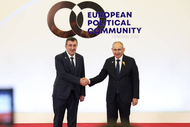 8th European Political Community Summit in Armenia YEREVAN, ARMENIA - MAY 4: Armenian Prime Minister Nikol Pashinyan welcomes the Turkish Vice President Cevdet Yillmaz during the opening ceremony of the 8th European Political Community Summit in Yerevan, Armenia, on May 4, 2026. Ahmet Okur Anadolu Yerevan Armenia. Editorial use only. Please get in touch for any other usage.  Copyright: x2026xAnadoluxAhmetxOkurx