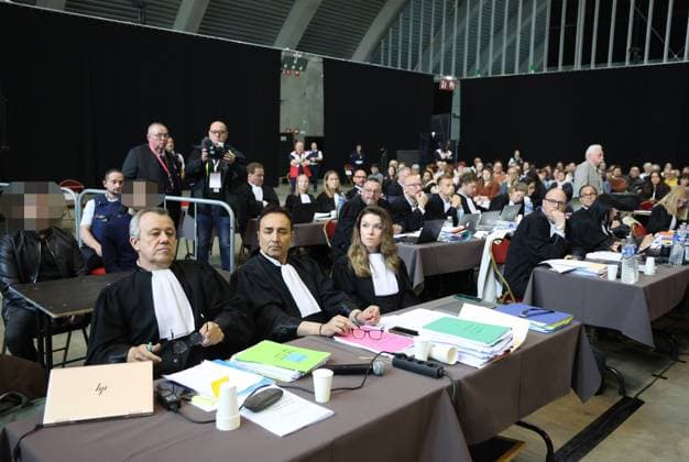 Lawyer Frank Discepoli, defending P. Falzone, Lawyer Fabrice Guttadauria, defending A. Falzone and Gwenaelle Bombart, defending A. Falzone pictured during the start of the trial of P. and A. Falzone, at the Court of Appeal of Mons, on Monday 04 May 2026. The trial of the two cousins concerns the 2022 tragedy in Strepy-Bracquegnies, where a car plowed into a carnival parade around 5:00. Six people died at the scene, and a seventh months later in the hospital. P. Falzone is charged with seven murder and 81 attempted murder. A. Falzone with failure to render aid to a person in danger.  VIRGINIExLEFOUR 172827227