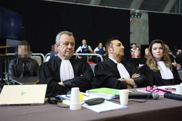 Lawyer Frank Discepoli, defending P. Falzone and Lawyer Fabrice Guttadauria and Gwenaelle Bombart defending A. Falzone pictured during the start of the trial of P. and A. Falzone, at the Court of Appeal of Mons, on Monday 04 May 2026. The trial of the two cousins concerns the 2022 tragedy in Strepy-Bracquegnies, where a car plowed into a carnival parade around 5:00. Six people died at the scene, and a seventh months later in the hospital. P. Falzone is charged with seven murder and 81 attempted murder. A. Falzone with failure to render aid to a person in danger.  VIRGINIExLEFOUR 172827230