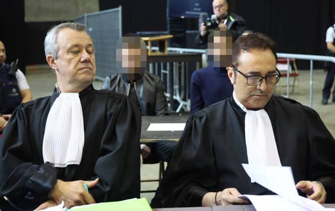 Lawyer Frank Discepoli, defending P. Falzone and Lawyer Fabrice Guttadauria, defending A. Falzone pictured during the start of the trial of P. and A. Falzone, at the Court of Appeal of Mons, on Monday 04 May 2026. The trial of the two cousins concerns the 2022 tragedy in Strepy-Bracquegnies, where a car plowed into a carnival parade around 5:00. Six people died at the scene, and a seventh months later in the hospital. P. Falzone is charged with seven murder and 81 attempted murder. A. Falzone with failure to render aid to a person in danger.  VIRGINIExLEFOUR 172827241