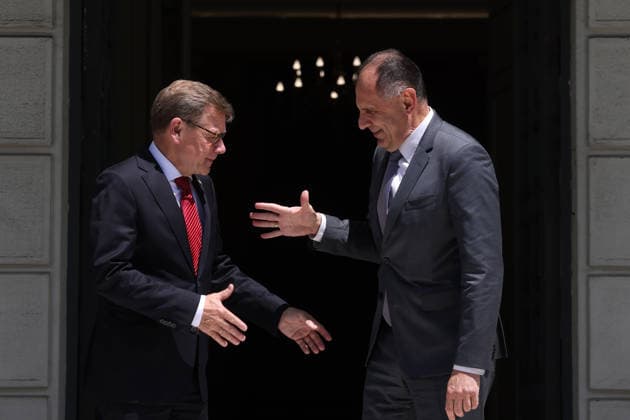 Greek Foreign Minister Gerapetritis - German Foreign Minister Wadephul meeting in Athens ATHENS, GREECE - MAY 4: Greek Foreign Minister Giorgos Gerapetritis welcomes his German counterpart Johann Wadephul at the Foreign Ministry in Athens, Greece, on May 4, 2026. Costas Baltas Anadolu Athens Greece. Editorial use only. Please get in touch for any other usage.  Copyright: x2026xAnadoluxCostasxBaltasx