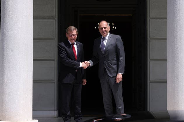 Greek Foreign Minister Gerapetritis - German Foreign Minister Wadephul meeting in Athens ATHENS, GREECE - MAY 4: Greek Foreign Minister Giorgos Gerapetritis welcomes his German counterpart Johann Wadephul at the Foreign Ministry in Athens, Greece, on May 4, 2026. Costas Baltas Anadolu Athens Greece. Editorial use only. Please get in touch for any other usage.  Copyright: x2026xAnadoluxCostasxBaltasx