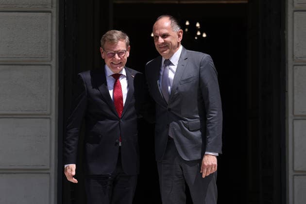 Greek Foreign Minister Gerapetritis - German Foreign Minister Wadephul meeting in Athens ATHENS, GREECE - MAY 4: Greek Foreign Minister Giorgos Gerapetritis welcomes his German counterpart Johann Wadephul at the Foreign Ministry in Athens, Greece, on May 4, 2026. Costas Baltas Anadolu Athens Greece. Editorial use only. Please get in touch for any other usage.  Copyright: x2026xAnadoluxCostasxBaltasx