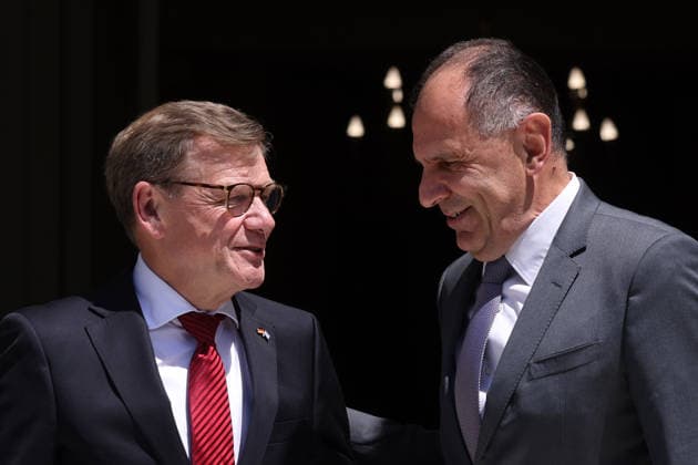 Greek Foreign Minister Gerapetritis - German Foreign Minister Wadephul meeting in Athens ATHENS, GREECE - MAY 4: Greek Foreign Minister Giorgos Gerapetritis welcomes his German counterpart Johann Wadephul at the Foreign Ministry in Athens, Greece, on May 4, 2026. Costas Baltas Anadolu Athens Greece. Editorial use only. Please get in touch for any other usage.  Copyright: x2026xAnadoluxCostasxBaltasx