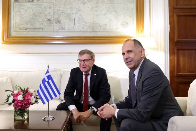 Greek Foreign Minister Gerapetritis - German Foreign Minister Wadephul meeting in Athens ATHENS, GREECE - MAY 4: Greek Foreign Minister Giorgos Gerapetritis meets with his German counterpart Johann Wadephul at the Foreign Ministry in Athens, Greece, on May 4, 2026. Costas Baltas Anadolu Athens Greece. Editorial use only. Please get in touch for any other usage.  Copyright: x2026xAnadoluxCostasxBaltasx