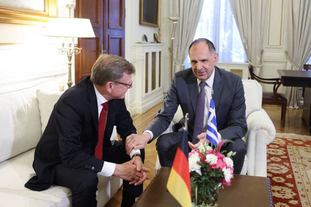 Greek Foreign Minister Gerapetritis - German Foreign Minister Wadephul meeting in Athens ATHENS, GREECE - MAY 4: Greek Foreign Minister Giorgos Gerapetritis meets with his German counterpart Johann Wadephul at the Foreign Ministry in Athens, Greece, on May 4, 2026. Costas Baltas Anadolu Athens Greece. Editorial use only. Please get in touch for any other usage.  Copyright: x2026xAnadoluxCostasxBaltasx
