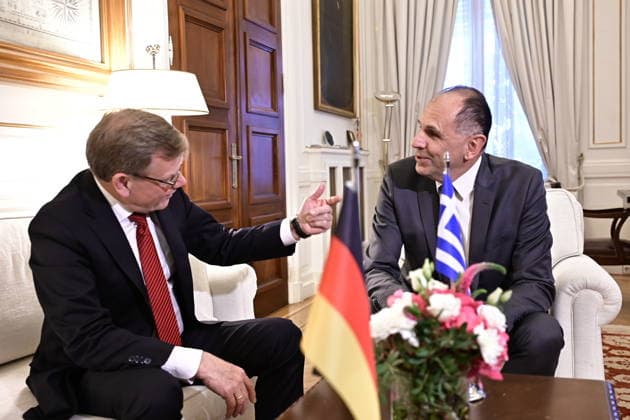 German Foreign Minister Wadephul visits Athens -Greek Foreign Minister Giorgos Gerapetritis (R) talks with the Foreign Minister of Germany Johann Wadephul (L) in Athens, Greece, 04 May 2026. IMAGO ONE INCH PRODUCTIONS ATHENS Greece Copyright: xOnexInchxProductionsx 6958198
