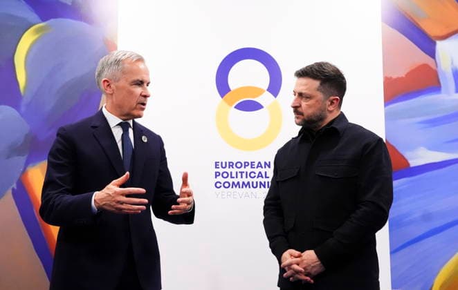 May 4, 2026, Yerevan, Armenia: Prime Minister Mark Carney meets with the President of Ukraine Volodymyr Zelenskyy during the 8th European Political Community Summit in Yerevan, Armenia, on Monday, May 4, 2026. Yerevan Armenia  - ZUMAc35_ 20260504_zaf_c35_021 Copyright: xSeanxKilpatrickx