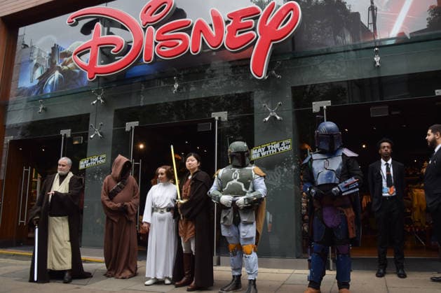 May 4, 2026, London, England, United Kingdom: Performers wearing Jedi, Princess Leia, Boba Fett, Mandalorian and Jawa costumes stand outside the Disney store on Oxford Street on Star Wars Day. The beloved sci-fi franchise is celebrated each year on May 4th, a pun on the famous phrase May The Force Be With You. London United Kingdom - ZUMAv130 20260504_zip_v130_005 Copyright: xVukxValcicx