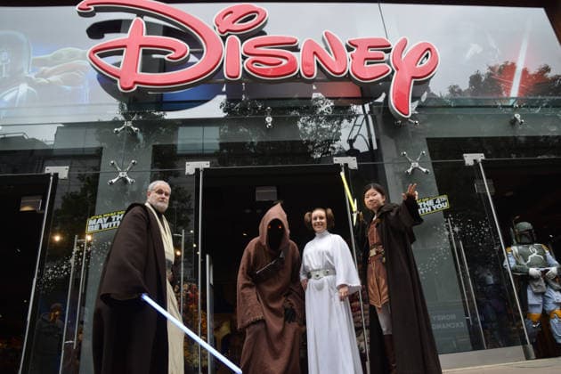 May 4, 2026, London, England, United Kingdom: Performers wearing Jedi, Princess Leia and Jawa costumes stand outside the Disney store on Oxford Street on Star Wars Day. The beloved sci-fi franchise is celebrated each year on May 4th, a pun on the famous phrase May The Force Be With You. London United Kingdom - ZUMAv130 20260504_zip_v130_004 Copyright: xVukxValcicx