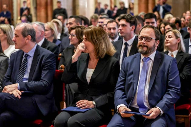 National Election Office awards certificates handed to members of Hungarian Parliament BUDAPEST, HUNGARY - MAY 4: Newly elected ministers of the TISZA party is seen as the National Election Office (NVI) awards certificates of mandate to Members of Parliament elected from national party lists in the 2026 general parliamentary elections, following the finalization of the national list results, in Budapest, Hungary on 4th May 2026. Robert Nemeti Anadolu Budapest Hungary. Editorial use only. Please get in touch for any other usage.  Copyright: x2026xAnadoluxRobertxNemetix