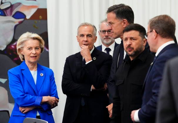 May 4, 2026, Yerevan, Armenia: President of the European Commission Ursula von der Leyen, left to right, Prime Minister Mark Carney, Secretary General of NATO Mark Rutte and President of Ukraine Volodymyr Zelenskyy talk prior to a meeting on the situation in Ukraine during the 8th European Political Community Summit in Yerevan, Armenia on Monday, May 4, 2026. Yerevan Armenia  - ZUMAc35_ 20260504_zaf_c35_056 Copyright: xSeanxKilpatrickx