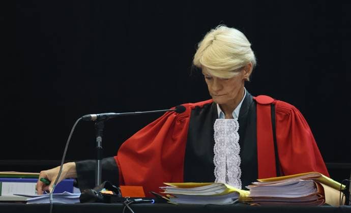 Court chairwoman Martine Baes pictured during the start of the trial of P. and A. Falzone, at the Court of Appeal of Mons, on Monday 04 May 2026. The trial of the two cousins concerns the 2022 tragedy in Strepy-Bracquegnies, where a car plowed into a carnival parade around 5:00. Six people died at the scene, and a seventh months later in the hospital. P. Falzone is charged with seven murder and 81 attempted murder. A. Falzone with failure to render aid to a person in danger.  VIRGINIExLEFOUR 172845554