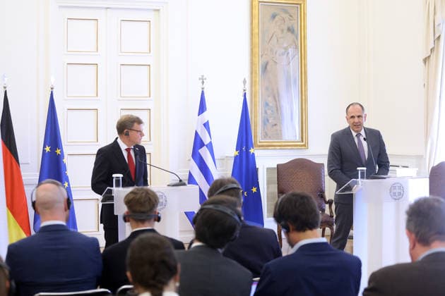 George Gerapetritis-Johann Wadephul meeting in Athens ATHENS, GREECE - MAY 04: Greek Foreign Minister George Gerapetritis and his German counterpart Johann Wadephul, hold a joint press conference at the Foreign Ministry in Athens, Greece, on May 4, 2026. Costas Baltas Anadolu Athens Greece. Editorial use only. Please get in touch for any other usage.  Copyright: x2026xAnadoluxCostasxBaltasx