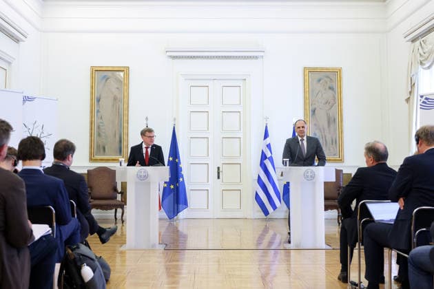 George Gerapetritis-Johann Wadephul meeting in Athens ATHENS, GREECE - MAY 04: Greek Foreign Minister George Gerapetritis and his German counterpart Johann Wadephul, hold a joint press conference at the Foreign Ministry in Athens, Greece, on May 4, 2026. Costas Baltas Anadolu Athens Greece. Editorial use only. Please get in touch for any other usage.  Copyright: x2026xAnadoluxCostasxBaltasx