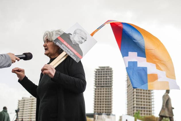 ARMENIA, YEREVAN - MAY 4, 2026: A woman takes part in a rally held by the Republican Party of Armenia in front Karen Demirchyan Sports and Concert Complex hosting the 8th European Political Community Summit. The protesters intend to express dissatisfaction with the situation with political prisoners, Armenian prisoners of war in Azerbaijan, ethnic cleansing in the Nagorno-Karabakh Republic, the government s pressure on the Armenian Apostolic Church, political pressure, and pressure on the media. Alexander Patrin TASS  92022493